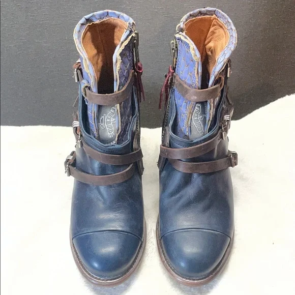 freebird Black Leather Ankle Boots with Brown Strap Accents - Picture 4 of 10